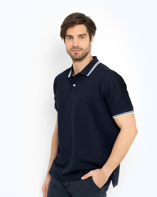 Bostonians Polo T-Shirt Navy Pique Twin Tipped Regular Fit