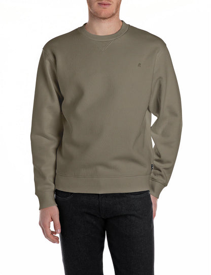 Replay Cotton-Blend Mud Green Crewneck Sweatshirt